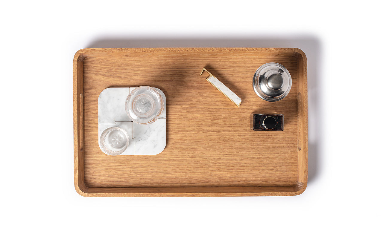 white oak dinner tray with barware