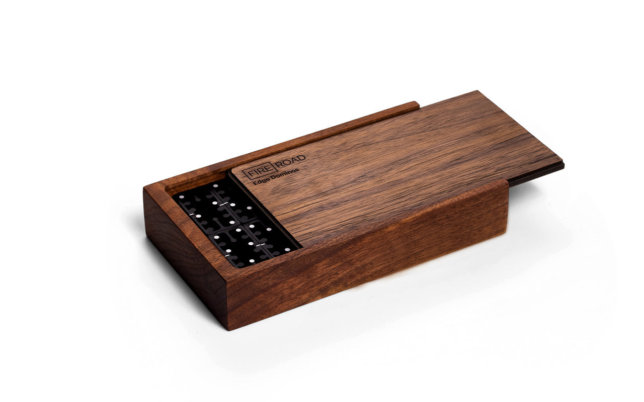 black aluminum double 6 domino set in walnut box