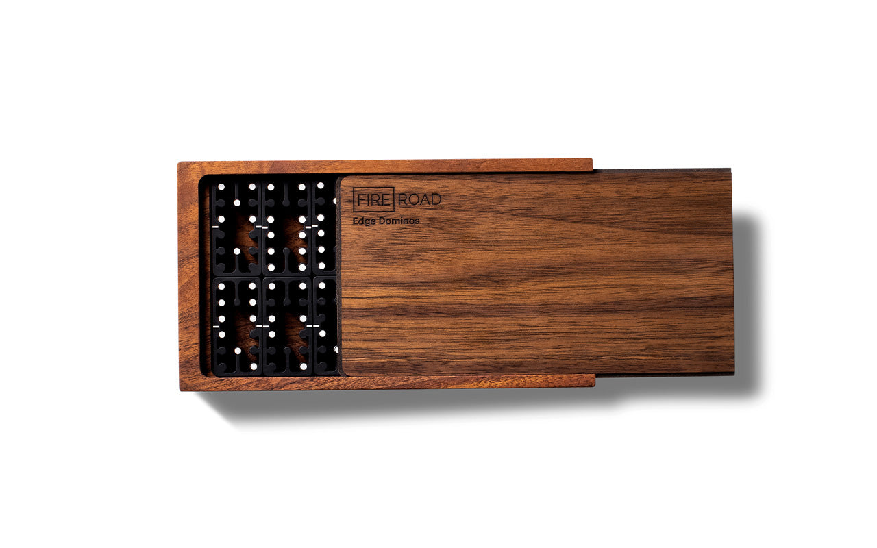 top view of walnut box with edge domino set