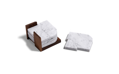 join carrara marble coasters on walnut stand