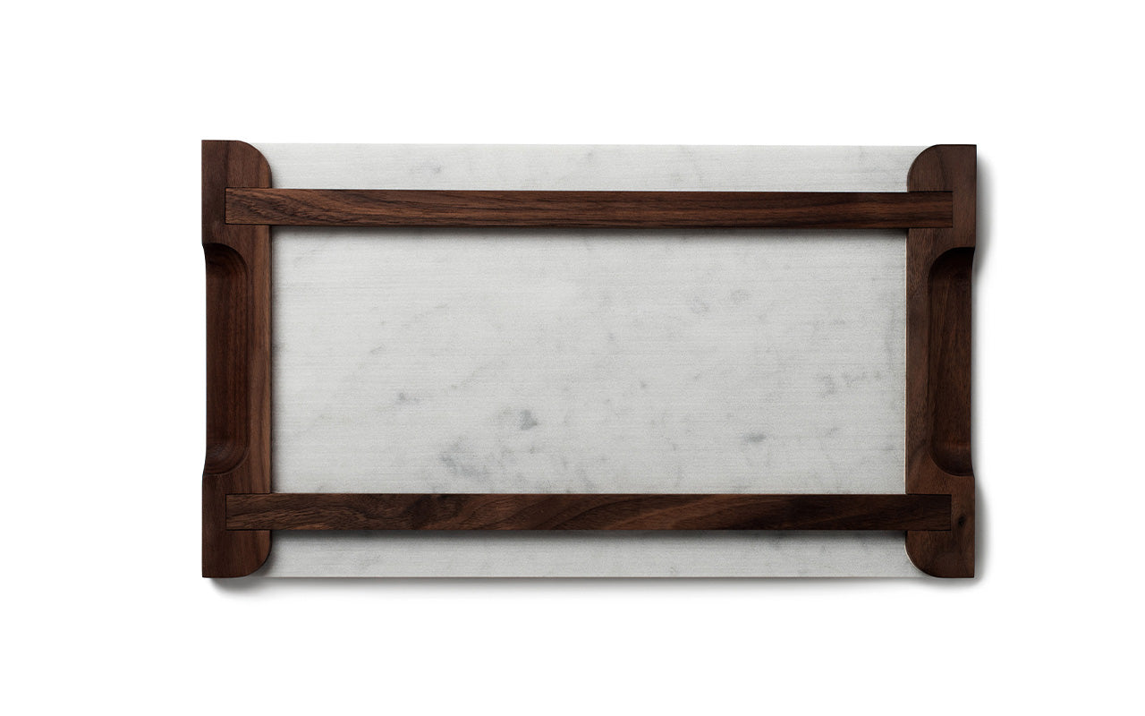 bottom view of marble and walnut cheese board