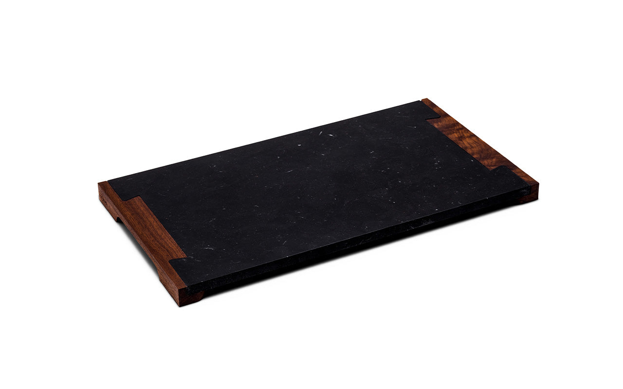 black marble serving tray with walnut handles