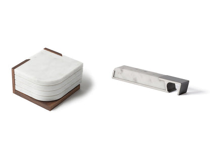 marble coasters and silver bottle opener
