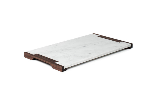 white marble serving board with walnut handles