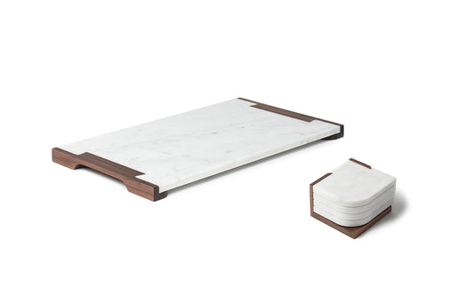 white carrara marble serving tray and coasters